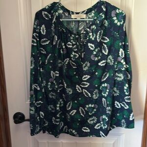 Loft Floral Shirred Tie Neck Blouse Size XL